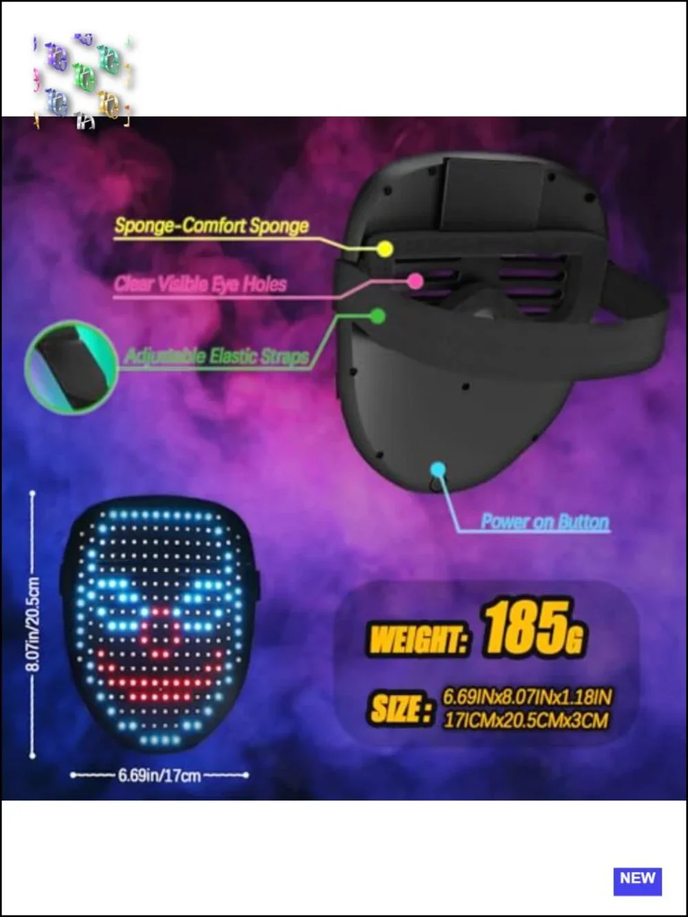 LED Mask with Gesture Sensing, 50 Light Patterns, Rechargeable, Lightweight for